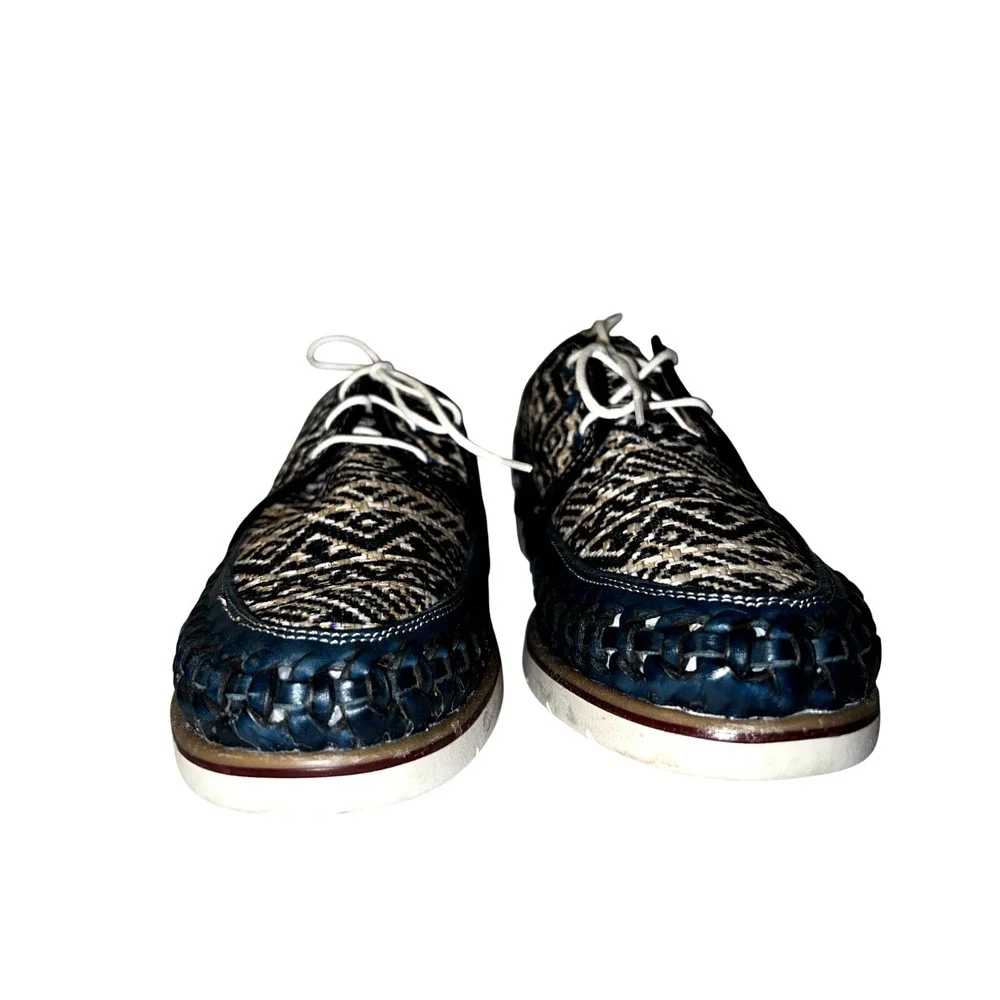 Huaraches Playera Men Navy Blue Woven Leather Geometric Lace Up Shoes Mexico